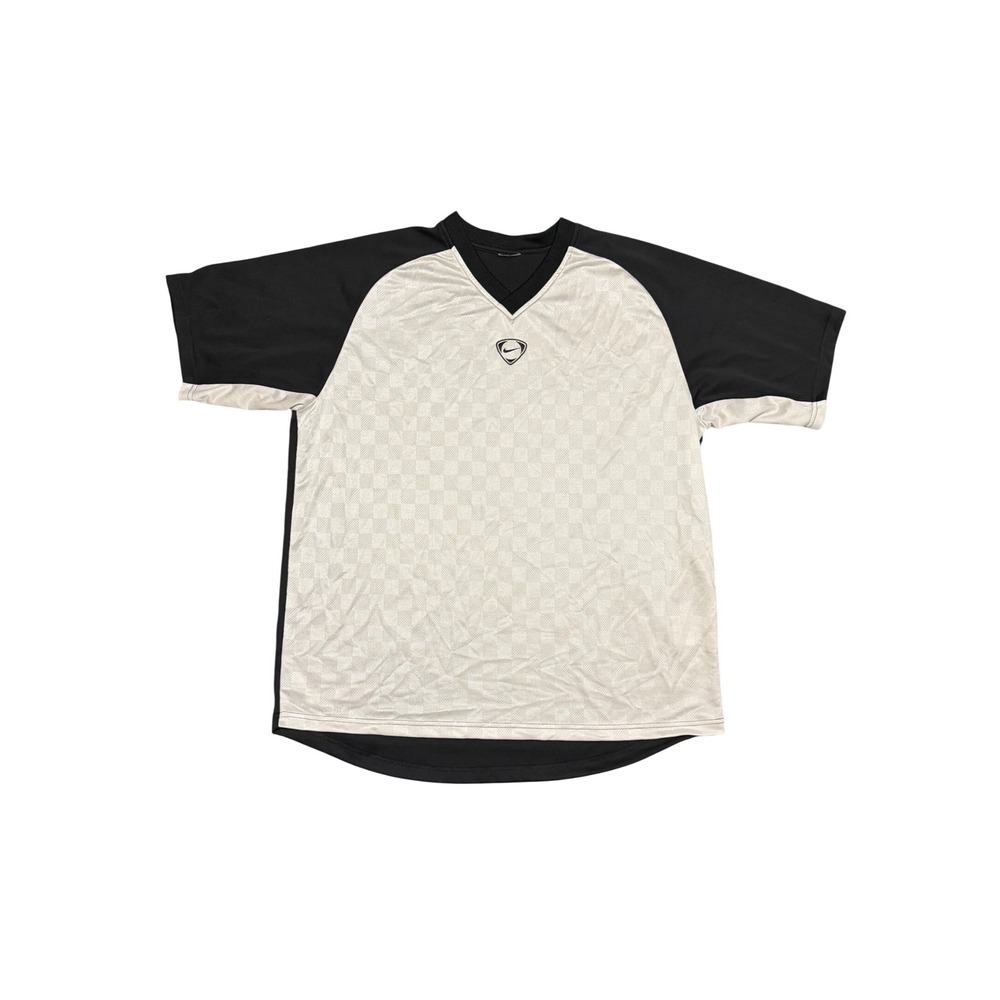 Vintage Nike Soccer Jersey Mens XL White Black Checkerboard V-Neck Y2K